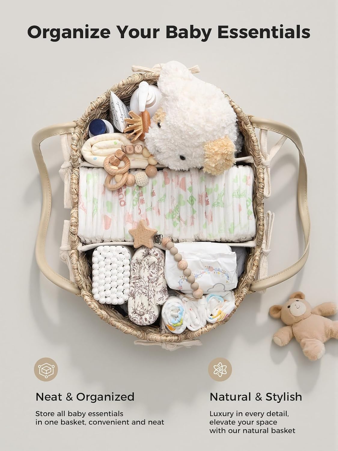 Large Diaper Caddy Organizer, Handwoven Natural Seagrass Basket with 5 Compartments, Scalloped Wicker Changing Table Organizer (Natural, XXL)