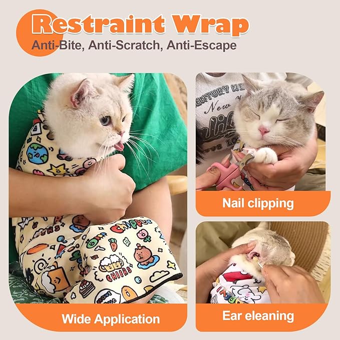 Cat Grooming Wrap, Cat Wrap Self-Adherent, Anti-Scratch Anti-Bite, Anti-Escape Grooming Bag for Cats Nail Clipping, Ear Cleaning, and Teeth Brushing (19.7 × 19.7" Paw Prints)