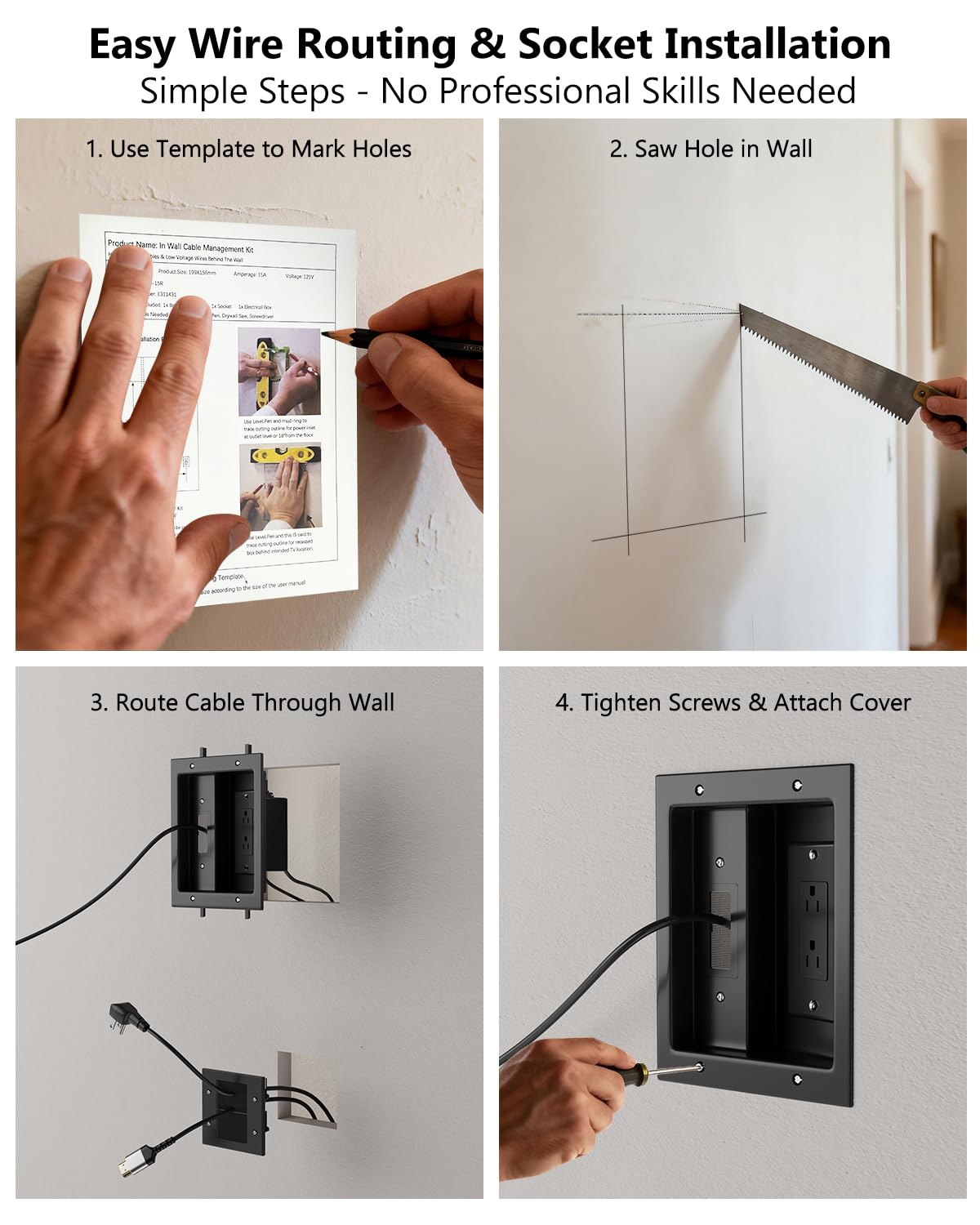 FORGING MOUNT in-Wall Cable Management Kit with Recessed Power Outlet Box,Cord Hider for Wall Mounted TV,Brush Plate,9.3ft Cord,–Easy,Safe Management for Organized TV and Home Theater Setups-Black