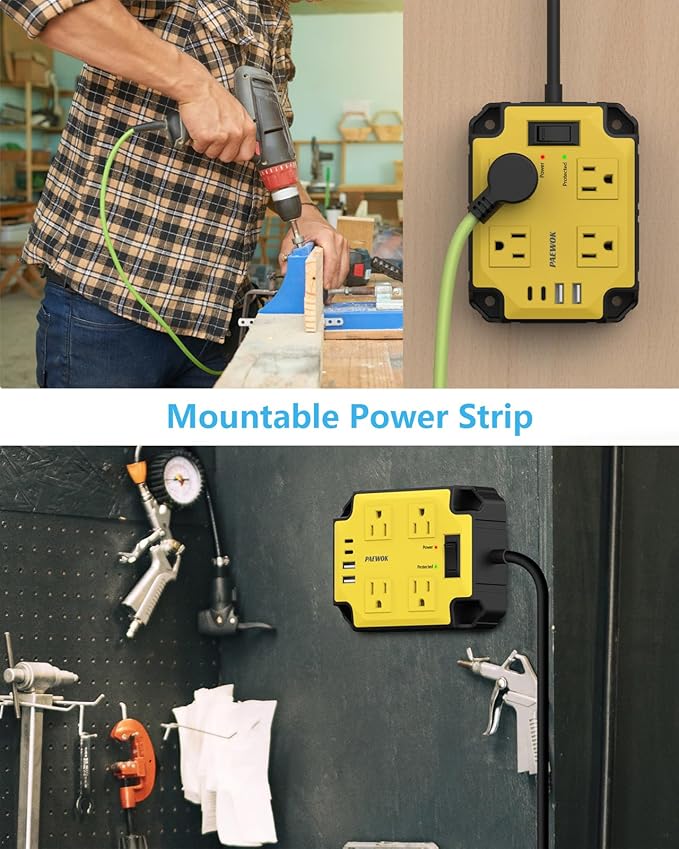 8-Outlets Heavy Duty Power Strip with 4 USB Ports(2 USB-C), Industrial Magnetic Surge Protector Power Strip 15 Amps/1200 Joules, 6.5 Ft Multi-Plug Electric Extension Cord for Workshop Garage (Yellow)