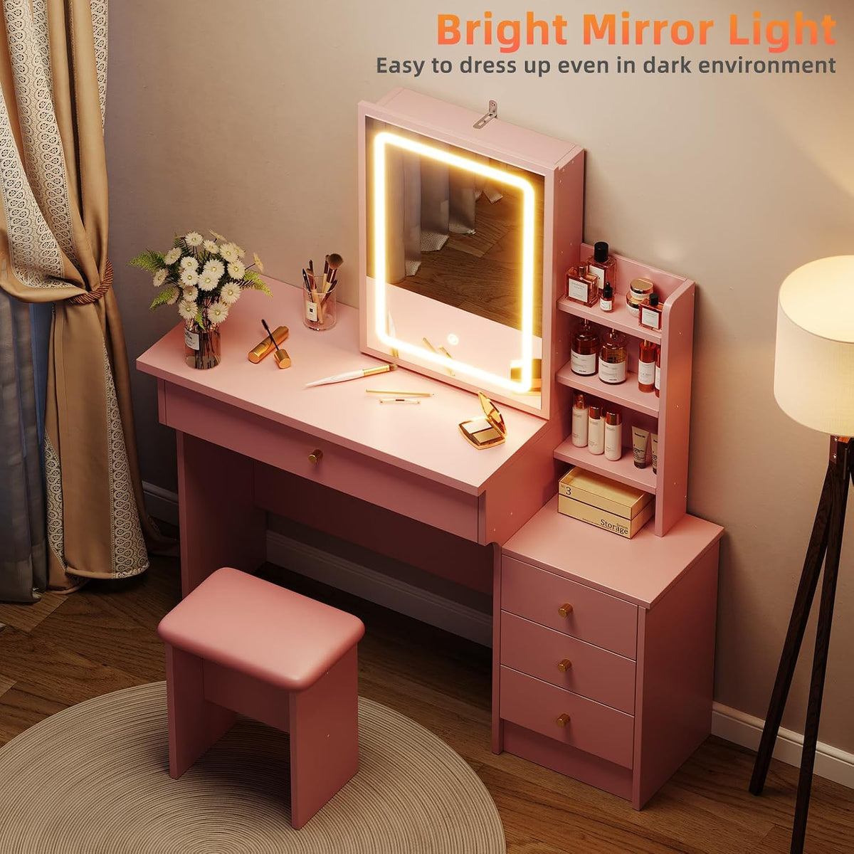 Memobarco Pink Makeup Vanity Desk with Sliding Mirror & 4 Drawers