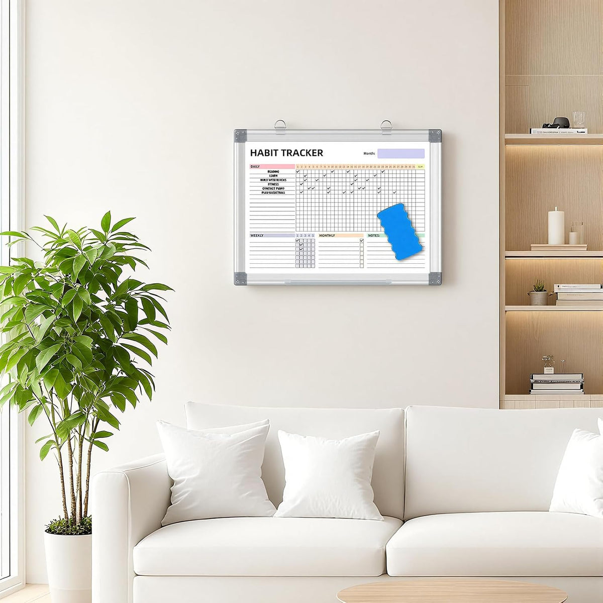 Habit Tracker Dry Erase Whiteboard with Silver Aluminium Frame for Wall 24" x 18"Hanging Removable Daily Weekly and Monthly Goal and Habit Tracker Motivational Goal & Planner Journal