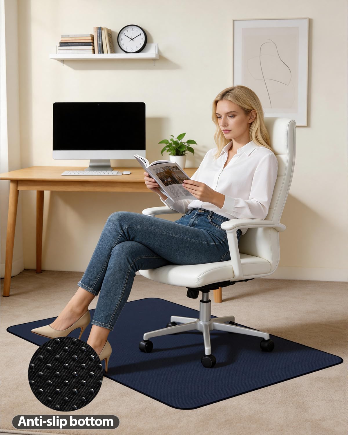 Blvornl Corduroy Office Chair Mat for Hardwood Floor and Low Pile Carpet, 35.4" x 47.3" Non-Slip Desk Rolling Chair Mat for Hard Floors, Heavy Duty Carpeted Floor Protector Rug for Home, Dark Blue
