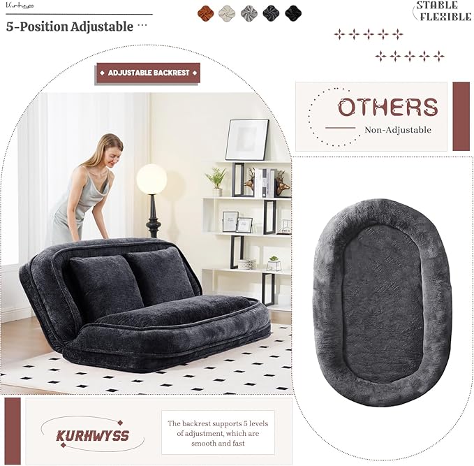 Extra Large Human Dog Bed for Adult & Pets, Convertible Floor Sofa Bed with 5 Adjustable Position, Lazy Couch Giant Bean Bag Lounge Chair Comfy Tatami with 3 Pillows for Bedroom Living Room (Black)