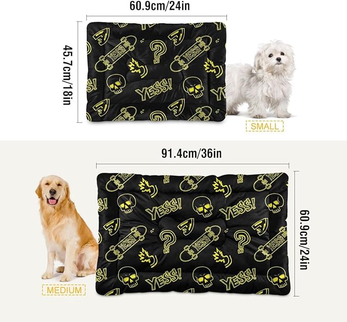 Emelivor Skateboard Skull Black Dog Cat Bed Washable Crate Pet Bed Anti-Slip Rectangle Comfortable Kennel Pads for Small Medium Large Dogs Cats, 24x18in