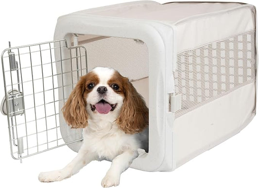 SportPet Designs Small Soft-Sided Pet Travel Kennel for Cars, Foldable Back Seat Crate for Cats & Small Dogs, Mesh Ventilated Carrier with Dual Metal Doors, Safety Leash & Waterproof Bed - White
