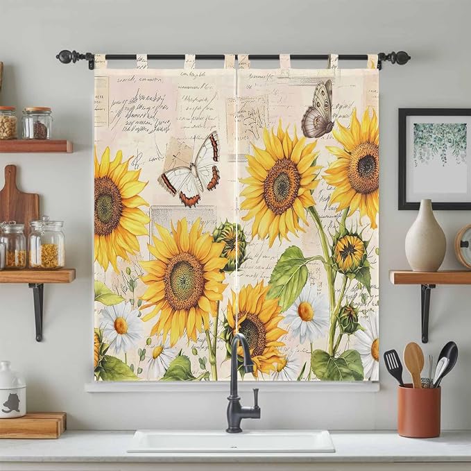 Yellow Sunflowers Bathroom Curtains 63 Inch Length, Window Curtains Tab Top