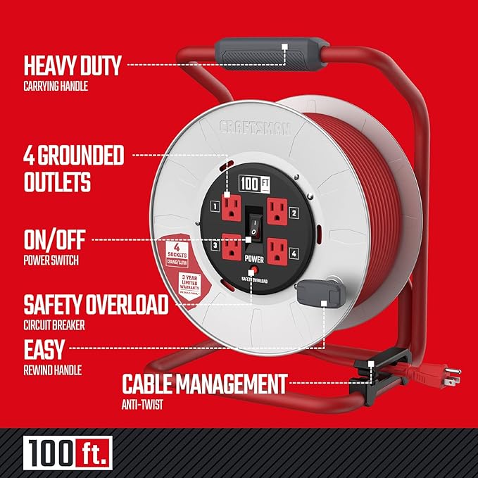 CRAFTSMAN 100 Ft. Contractor Retractable Extension Cord Reel with 4 Outlets & Heavy Duty 12AWG SJTW Cable