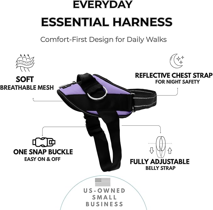 ShawnCo Essential Dog Harness, No-Pull Pet Vest with 3 Leash Clips, No Choke, Reflective, Adjustable and Padded, for Easy Walking and Training for Small, Medium and Large Dogs (ICY Lilac, S)