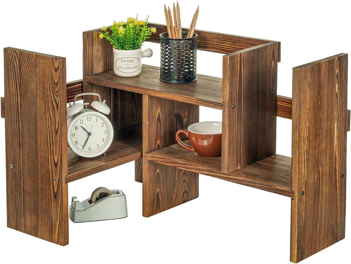 MyGift Adjustable Rustic Burnt Wood Desktop Shelf, Stackable Organizer