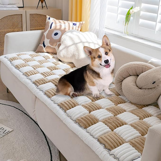 FunnyFuzzy Cream-Coloured Plaid Square Pet Mat Bed Couch Cover, Winter Thickened Dog Bed Cover Pet Blanket Sofa Couch Furniture Protector for Kids Dog Cat(Size:19.6 * 19.6 in,Color:Brown)