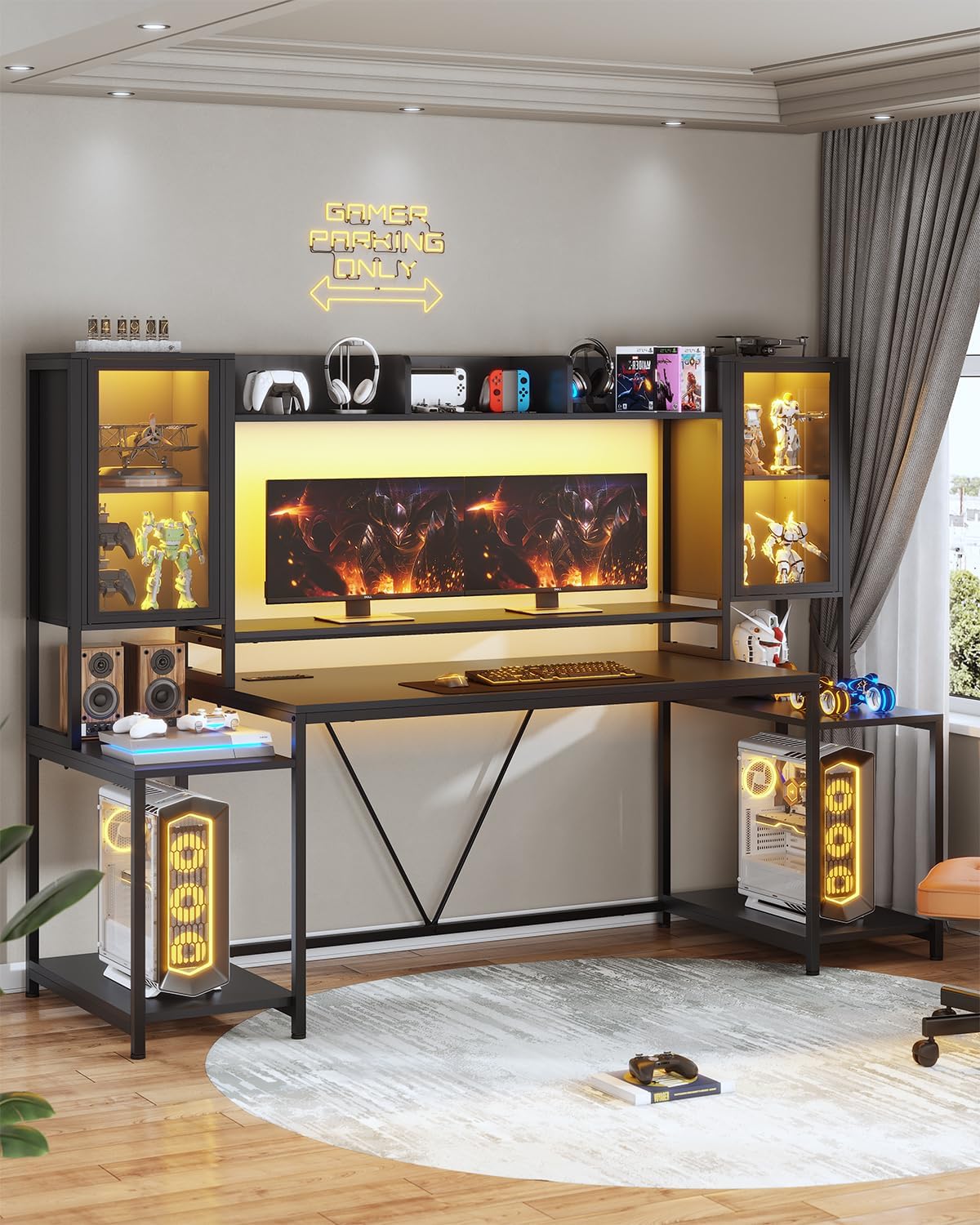 SEDETA Gaming Desk 75'' with LED Lights, Hutch and Storage Shelves, Black