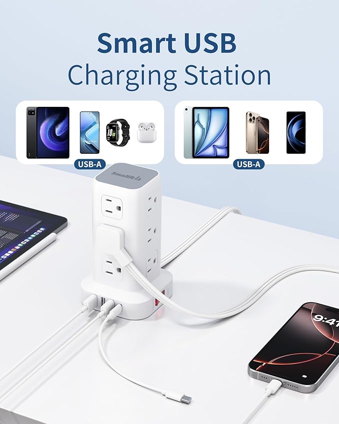 Power Strip Tower, 6.5 Ft Flat Plug Extension Cord, 16 IN 1 Power Bars with Surge Protector, Power Tower Bar with 12 AC Multiple Outlets 4 USB (1 USB C),for Home Office Desk
