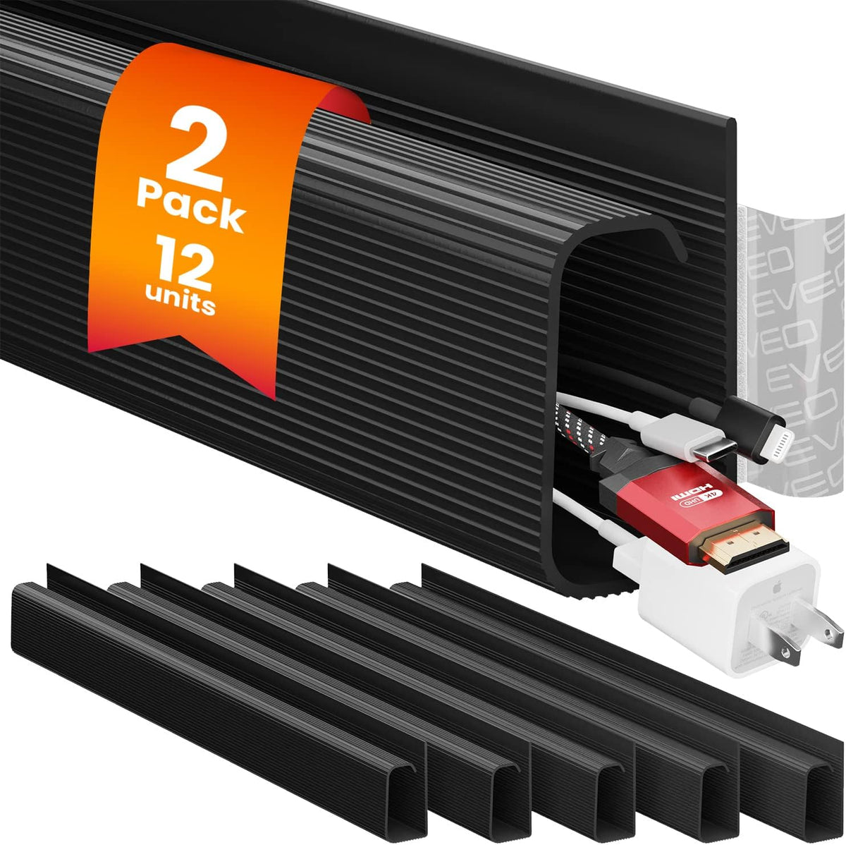 EVEO Cable Management Under Desk Kit (12 Units) - Under Desk Cable Management Cord Hider, Cable Hider Cord Management, Cable Organizer, Cord Organizer Tray - 192'' J Channel (12X16) - Black