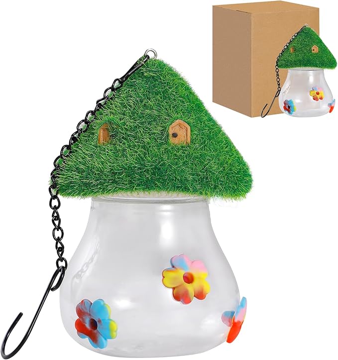 Hummingbird Feeders for Outdoors Hanging - Mushroom House Shape Bird Drinker, Water Resistant Leak Proof,Garden Birds Watching Patio Decoration with 3 Silicone Flower Feeding Ports (Tie dye Flower)