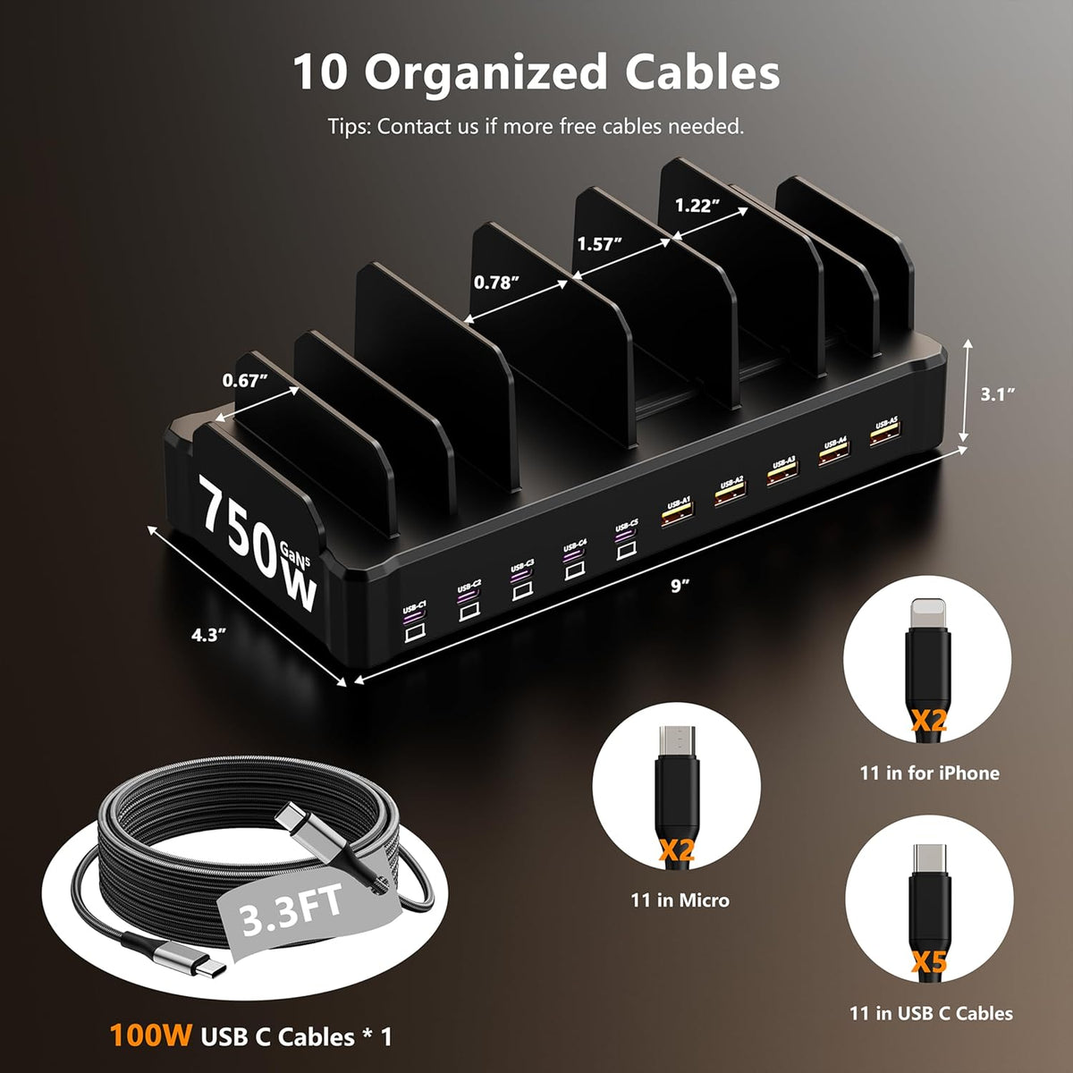 750W Charging Station for Multiple Devices, Zobirez 10-Port Fast Charger