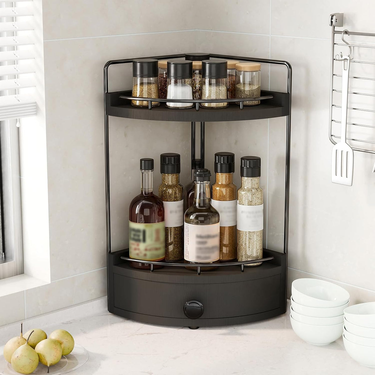 2-Tier Corner Bathroom Counter Organizer with Drawer, Black