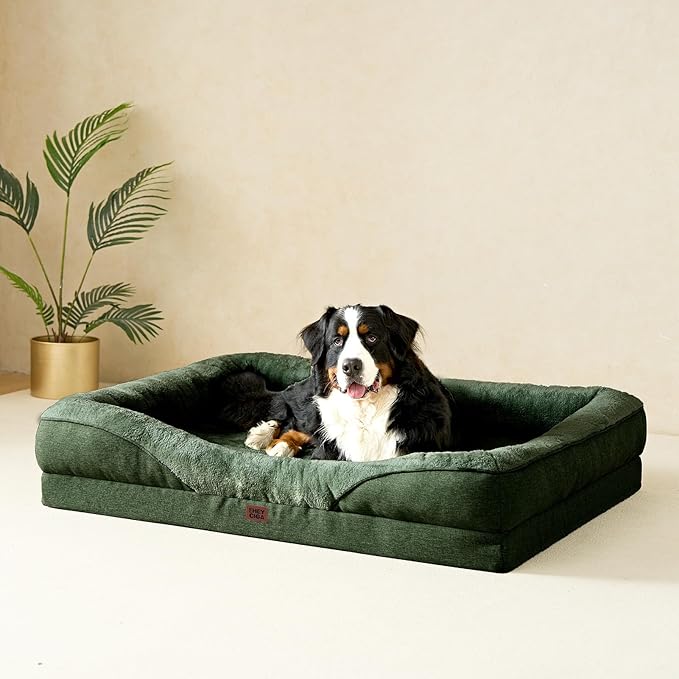 EHEYCIGA Orthopedic XXL Dog Bed for Large Sized Dog, 52x41x8 Inch Extra Large Memory Foam Dog Couch Bed with Sides, Waterproof Liner & Washable Removable Cover, Bolster Pet Sofa, Dark Green