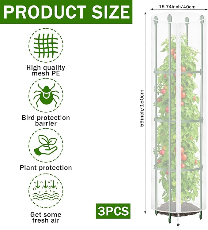 3 Pcs Round Tomato Cage Bird Netting Plant Cover, 59" x 15.7" Insect Bird Barrier Tomato Cage Protection Cover with Zipper & Drawstring for Protecting Tomatoes, Fruit, Trellis Plants