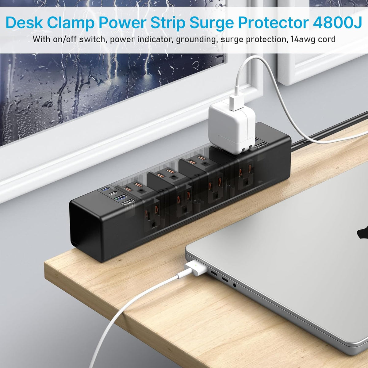 CCCEI 45W Per Side USB-C Desktop Outlet Station, Clamp Power Strip Surge Protector 4800J, Home Office Standing Desk Organizers and Accessories, 10FT 14AWG 15A Extension Cord, Switch, ETL Listing.