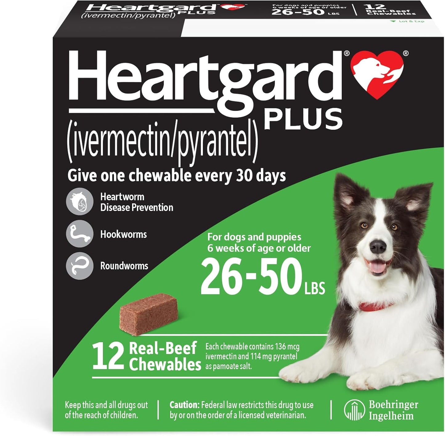 HEARTGARD® Plus (ivermectin/pyrantel) Real-Beef Chewables for Dogs 26-50 lbs (Green Box) 12 Month Supply of Chews (Heartworm Disease Preventive)