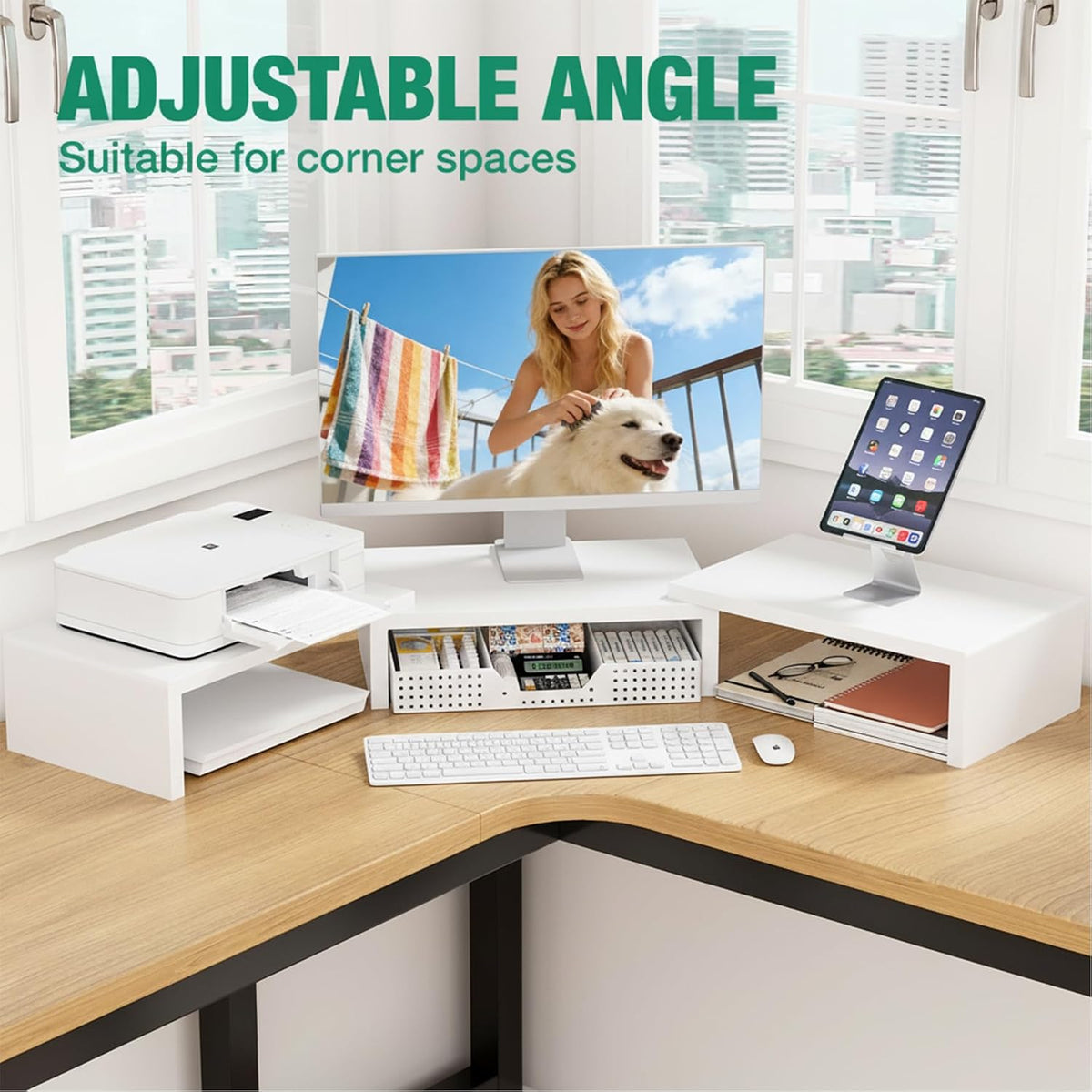 OPNICE Dual Computer Monitor Stand Riser, Desk Organizer with Drawer, Office Desk Accessories & Workspace Organizers for Home Office Supplies, White