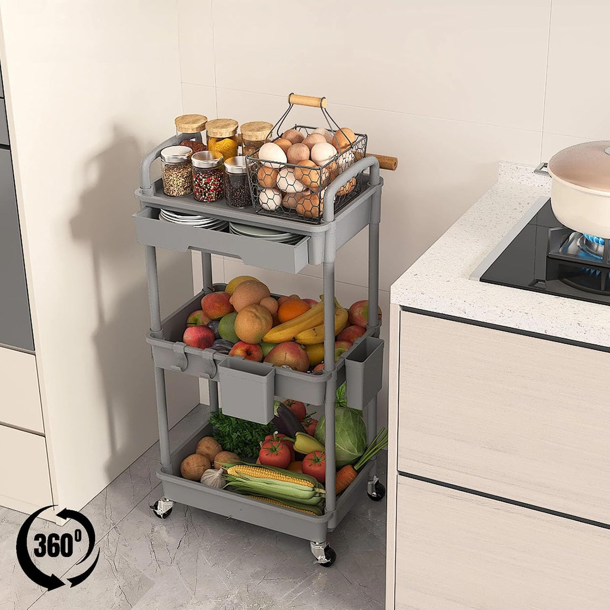 3 Tier Rolling Utility Cart with Drawer, Plastic Storage Organizer Rolling Carts with Wheels Handles Hanging Cups Hooks for Office, Bathroom, Kitchen,Craft Art Room (Grey)