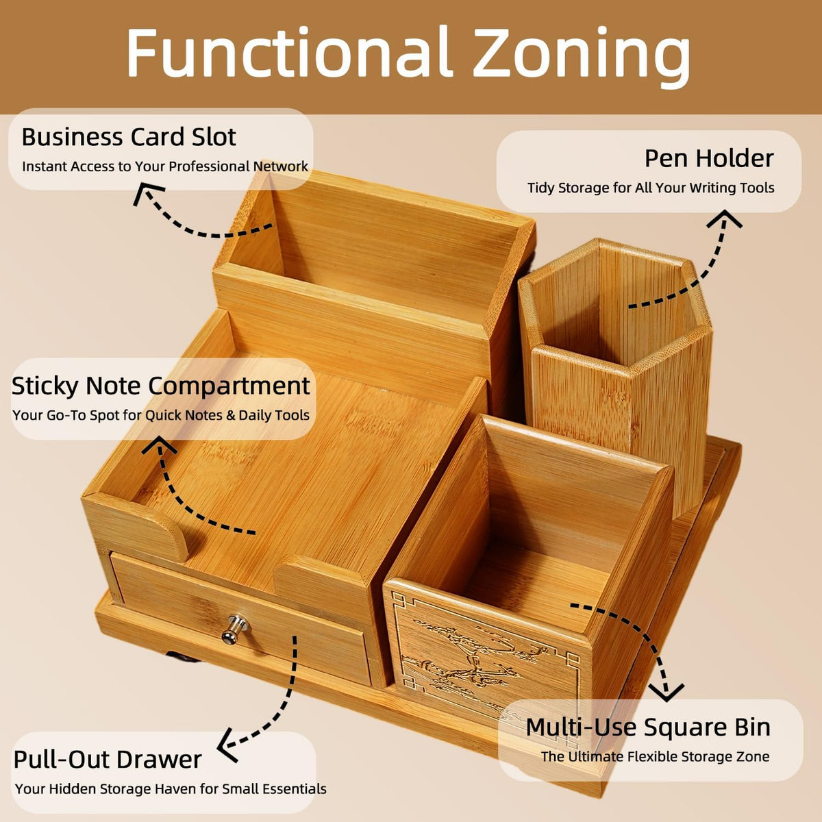 Bamboo Desk Organizer with Drawer & Pen Holder, Office Desk Caddy Storage