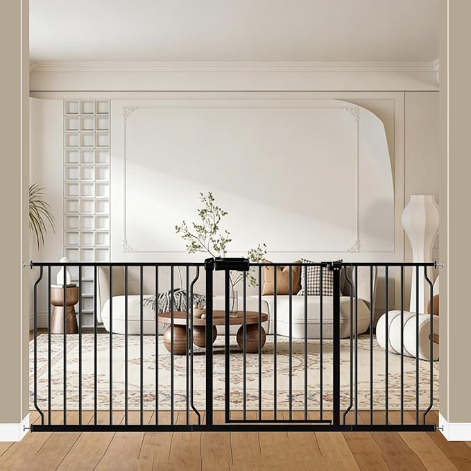 WAOWAO Baby Gate 71.65-76.38" Extra Wide Pressure Mounted Walk Through Swing Auto Close Safety Black Metal Toddler Kids Child Dog Pet Puppy for Stairs,Doorways,Kitchen