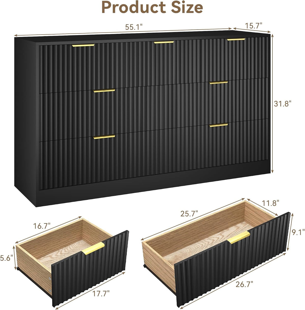 Black 7 Drawer Dresser for Bedroom, 55" Wide Fluted Chest of Drawers with Gold Metal Handles, Modern Wood Dresser Closet Storage Organizer Mid Century TV Stand for Living Room Hallway