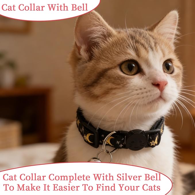 Jeffdad 4Pcs Cat Collar with Bells, Breakaway Cat Collars Kitten Collar Moons Stars Cute Kitty Safe Kitten Collars for Kitten Cats-Adjustable 8.3-13.4 Inch
