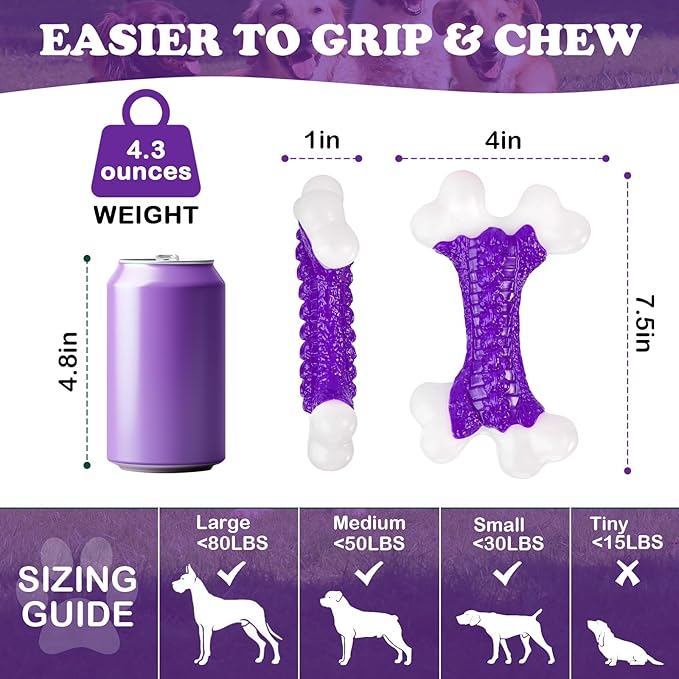 2-Pack Indestructible Dog Toys for Aggressive Chewers: Bacon Flavored Hard Nylon Bone Chew Toys, Tough Dog Chew Toys for Large Dogs, Dog Toys to Keep Them Busy for Medium Large Breed, Purple