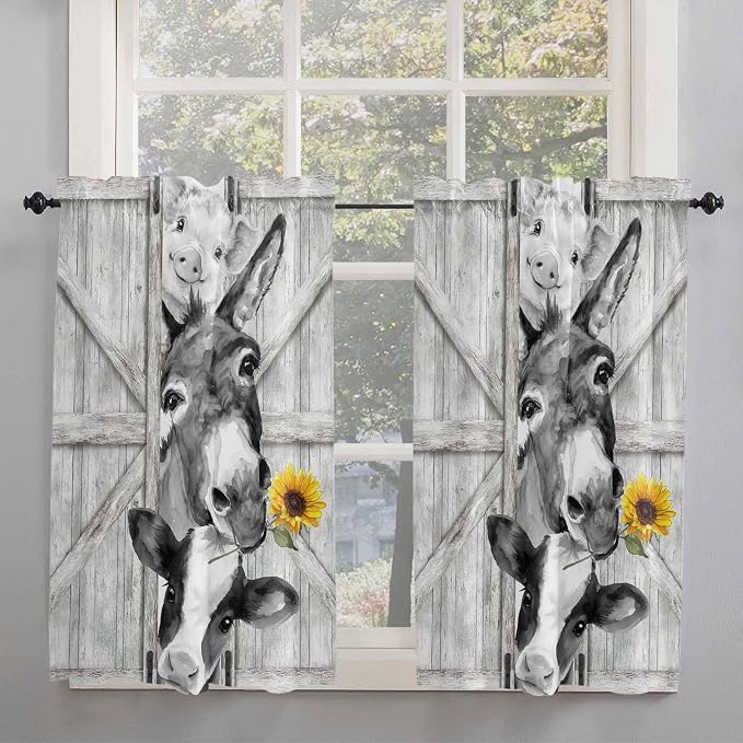 Grey Farmhouse Tier Curtains 45 Inches Long, Vintage Sunflowers Animals Printed