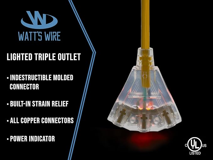 25 ft Outdoor Extension Cord Waterproof - 12 Gauge Heavy Duty Extension Cord 25 ft - Lighted Outdoor Extension Cords with Multiple Outlets - Watts Wire - 25' Grounded - extensiones electricas