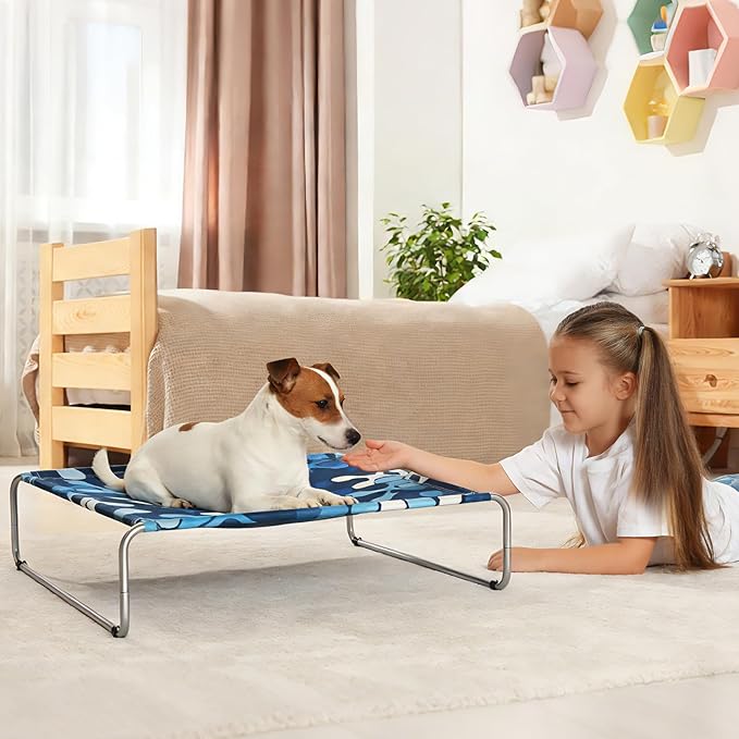 Elevated Dog Bed for Medium/Large Dogs 85lb,Cooling Raised Washable Dog Cot,Metal Frame, No-Slip Feet, Polyester Cotton,Indoor/Outdoor Pet Bed,43 * 26 * 7in, Clover Ocean Blue
