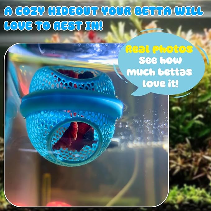 Blue Floating Betta Hide & Shrimp Cave: 3-in-1 Aquarium Hammock, Feeder & Resting Spot for Betta Fish, Shrimp & Small Fish | Eco-Safe PLA