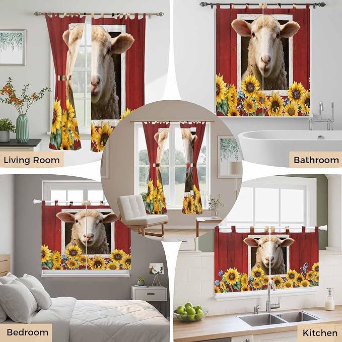 Sheep Sunflower Living Room Curtains 84 Inch Length, Window Curtains Tab Top