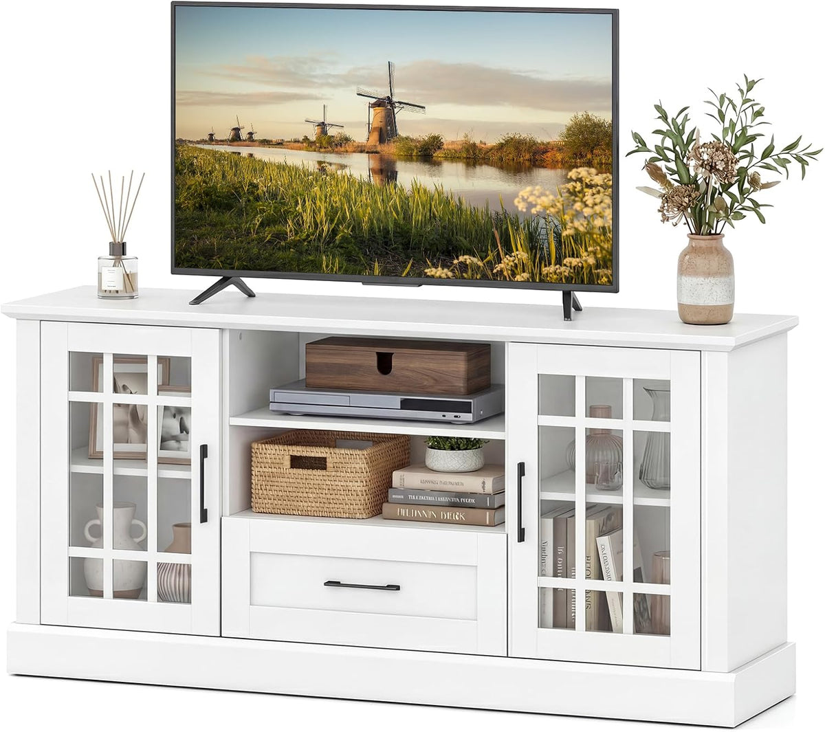 LOKO 62 Inch TV Cabinet, Media Console Table w/ 2 Glass Door Cabinets & Drawer, Fit TVs up to 70”, Cable Management Holes, Farmhouse Style TV Stand for Living Room, Bedroom (White)