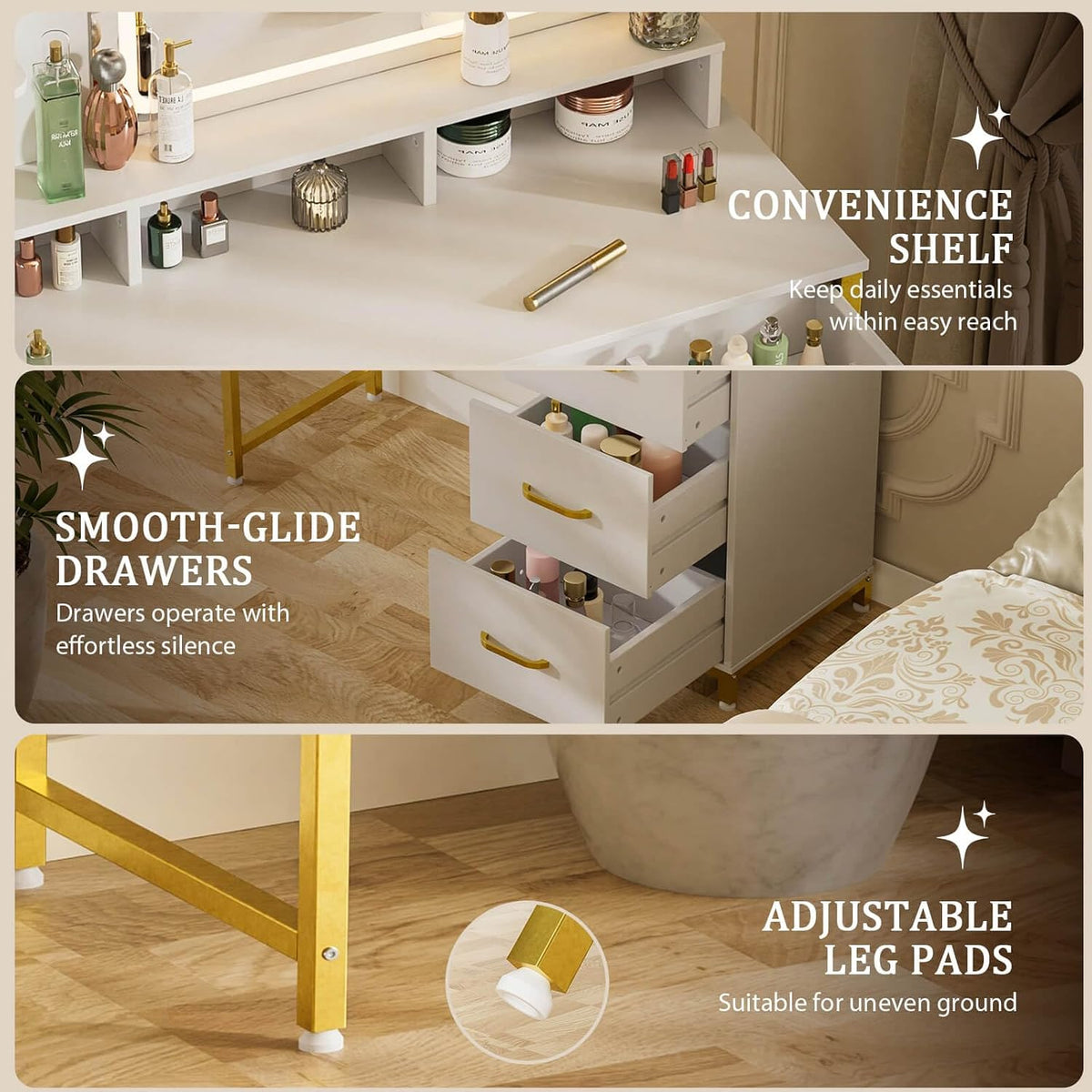 COMHOMA Vanity Desk with Mirror and Lights, Makeup Vanity Table with 4 Drawers & Storage Shelves, Large HD Mirror, 3 Color Modes & Adjustable Brightness, Modern Dressing Table for Bedroom, Pearl White