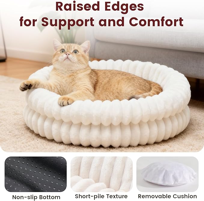Extra Large Fluffy Cat Beds for Indoor Cats, Washable Round Orthopedic Dog Bed for Small Medium Dogs, Soft Fuzzy Pet Bed with Non-Slip Bottom, Cute Kitten Bed, 27.6x27.6x6.3 in, White