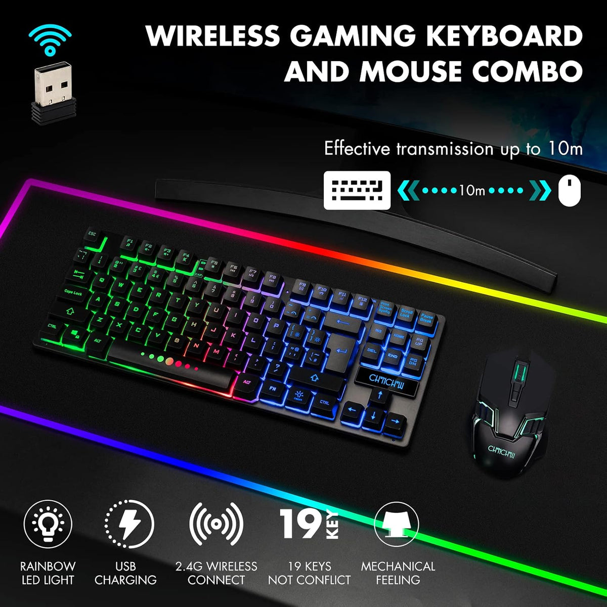 Gaming Wireless TKL Keyboard Mouse Rechargeable CHONCHOW G112