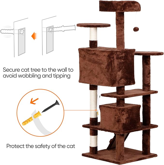 54-Inch Cat Tree for Large Cats, Sturdy Multi-Level Cat Tower with 2 Condos, Hanging Ball and Sisal Scratching Posts, Durable Cat Furniture for Indoor Cats (Brown)