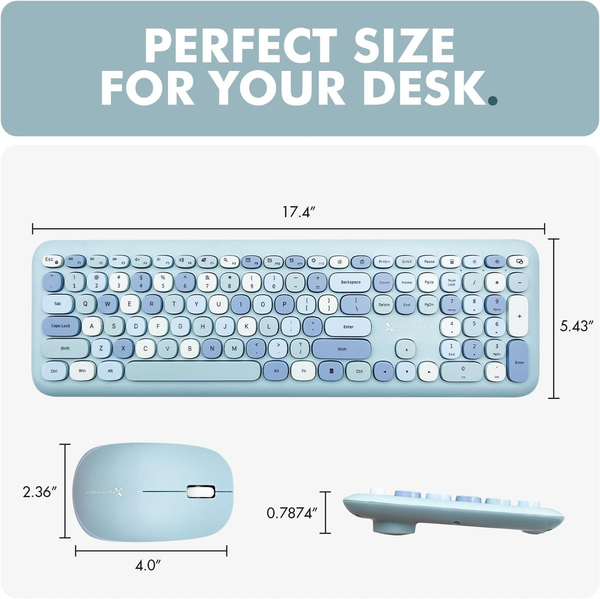 X9 Cute Wireless Keyboard and Mouse Combo - Retro Typewriter Keyboard and Mouse with Round Bubble Keys, 110 Keys and 18 Shortcuts Keyboard - Colorful Blue Keyboard Mouse Combo for PC Computer, Laptop