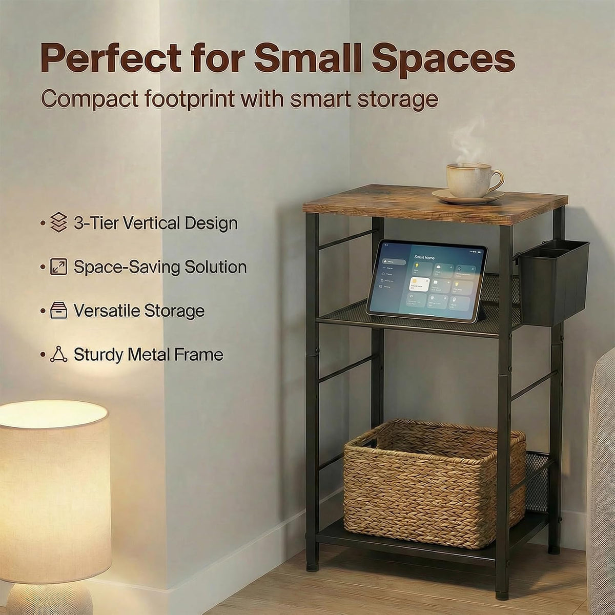 ECOLOVI Small 3 Tier Printer Stand for Under Desk, Height Adjustable Shelf Printer Table with 3 S-Hooks & Basket, Heavy Duty Industrial Storage Shelf for Home Office (Rustic Brown)