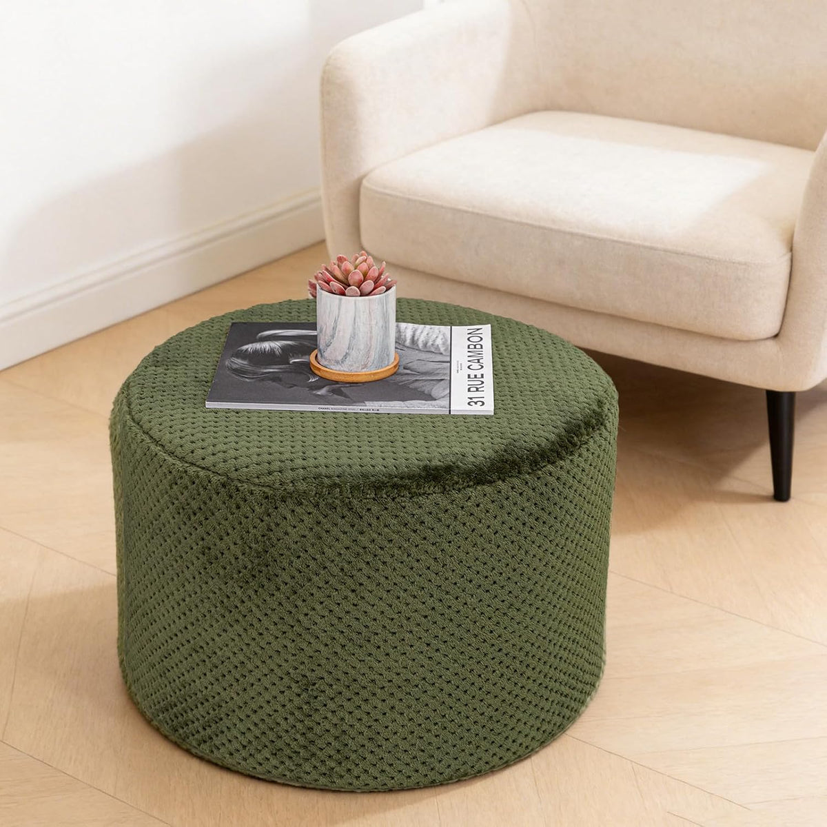 20"x14" Round Foam Stuffed Pouf Ottoman, Under Desk Footrest,Deep Green