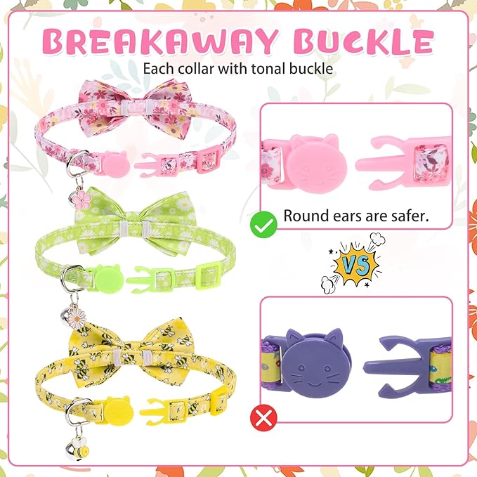 KOOLTAIL Spring Cat Collar with Bow Tie and Bell - 3 Pack Cute Cat Collars Breakaway with Flower & Bee Pattern, Adjustable Fancy Kitten Collar with Safety Buckle for Girls Boys Kitty