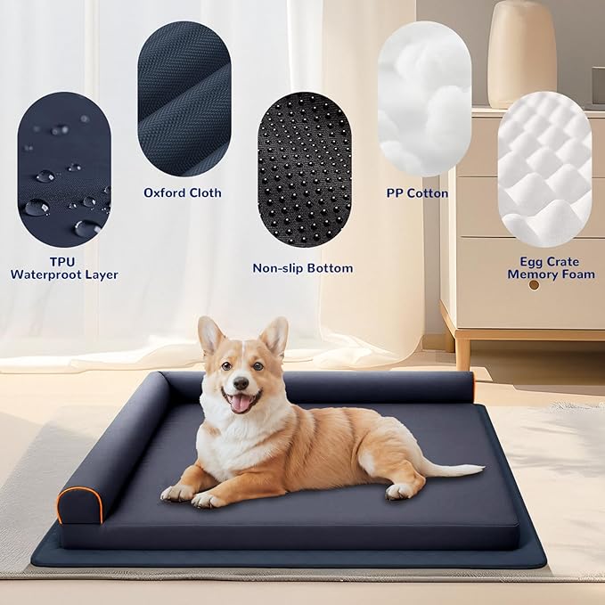 Medium Dog Bed Chew Proof Pet Beds Orthopedic Memory Foam, Waterproof Dog Couch Washable with Anti-Slip Mat (Blue)