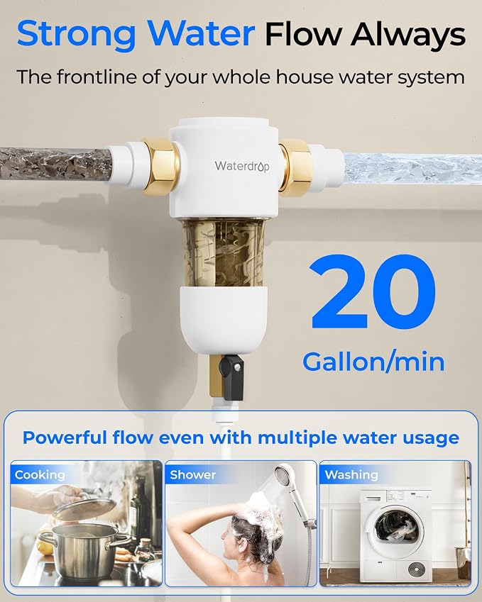 Waterdrop Spin Down Sediment Filter, 50/200 Micron Reusable Whole House Water