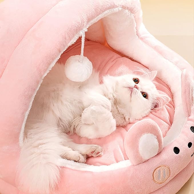 Cat Bed for Indoor Cats, Dog Bed with Anti-Slip Bottom, Rabbit-Shaped Cat/Small Dog Cave with Hanging Toy, Puppy Beds with Removable Cotton Pad, Super Soft Calming Pet Sofa Bed (Pink, Small)