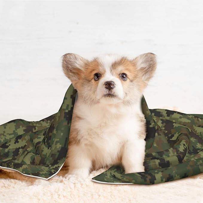 Dog and Cat Blanket in One, Camo Camouflage Hunting Green, Double Sided Plush Throw with Raised Dot Pattern on One Side and Flat Velvet on Other for Variety